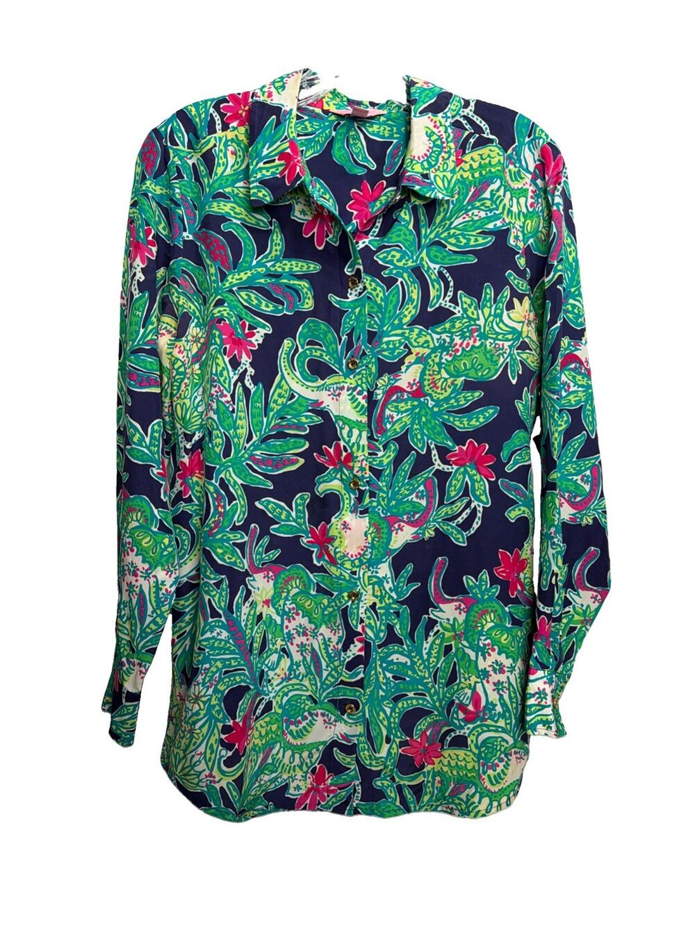 LILLY PULITZER Blue Silk Isla Trunk Show Button Up long Sleeve Top Size S